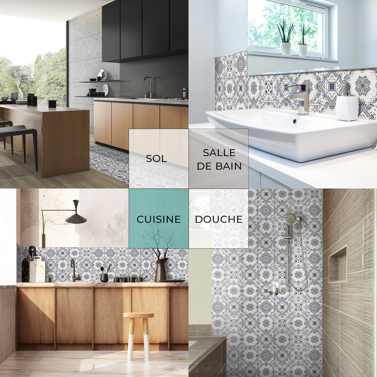 8 carreaux adhésifs 20x20cm Elena / Carreaux de ciment bleu / bleu / pour douche, murs, sol, cuisine, salle de bain…