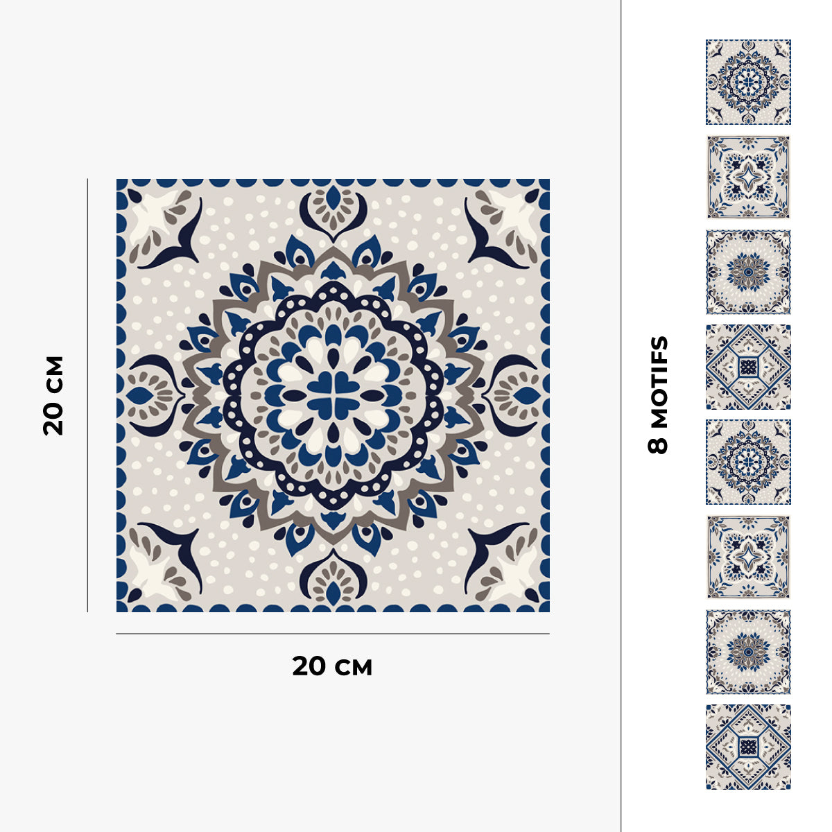8 carreaux adhésifs 20x20cm Elena / Carreaux de ciment bleu / bleu / pour douche, murs, sol, cuisine, salle de bain…