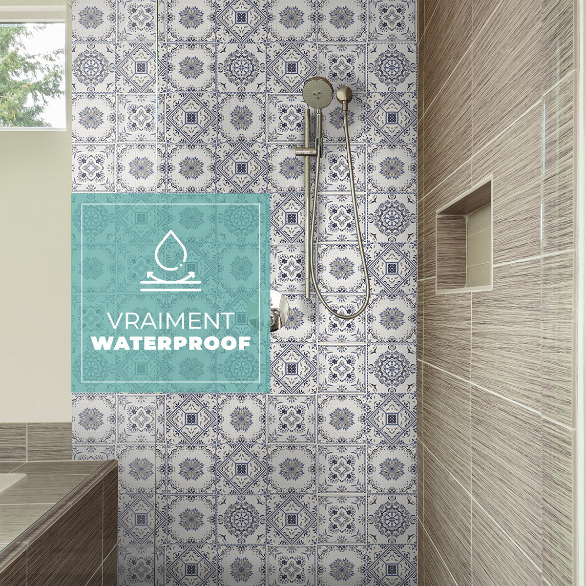 8 carreaux adhésifs 20x20cm Elena / Carreaux de ciment bleu / bleu / pour douche, murs, sol, cuisine, salle de bain…