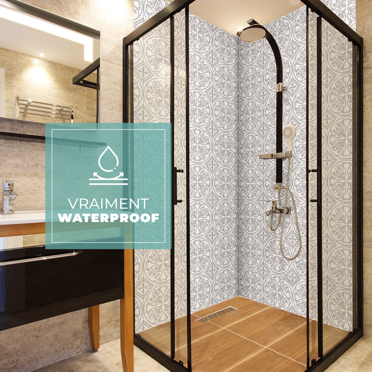8 carreaux adhésifs 20x20cm Jade / Carreaux de ciment provençaux / beige / pour douche, murs, sol, cuisine, salle de bain…