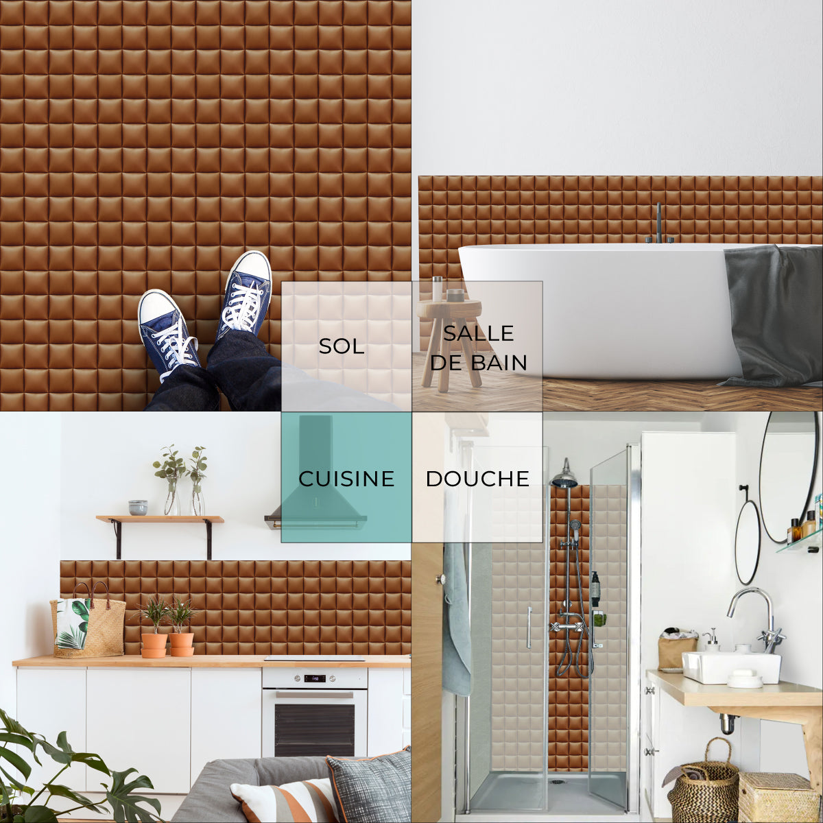 8 carreaux adhésifs 20x20cm Maeva / Coussin Cuir / orange / pour douche, murs, sol, cuisine, salle de bain…