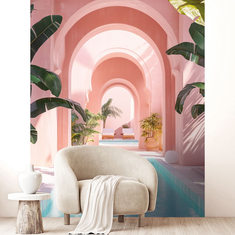 Papier peint "Arcades roses et plantes"