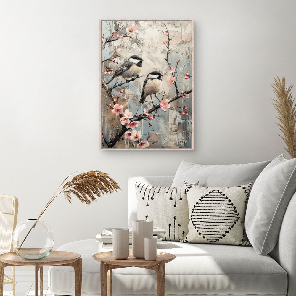 Toile Oiseaux et fleurs – toile cadre naturel (slide 1, 60×90)