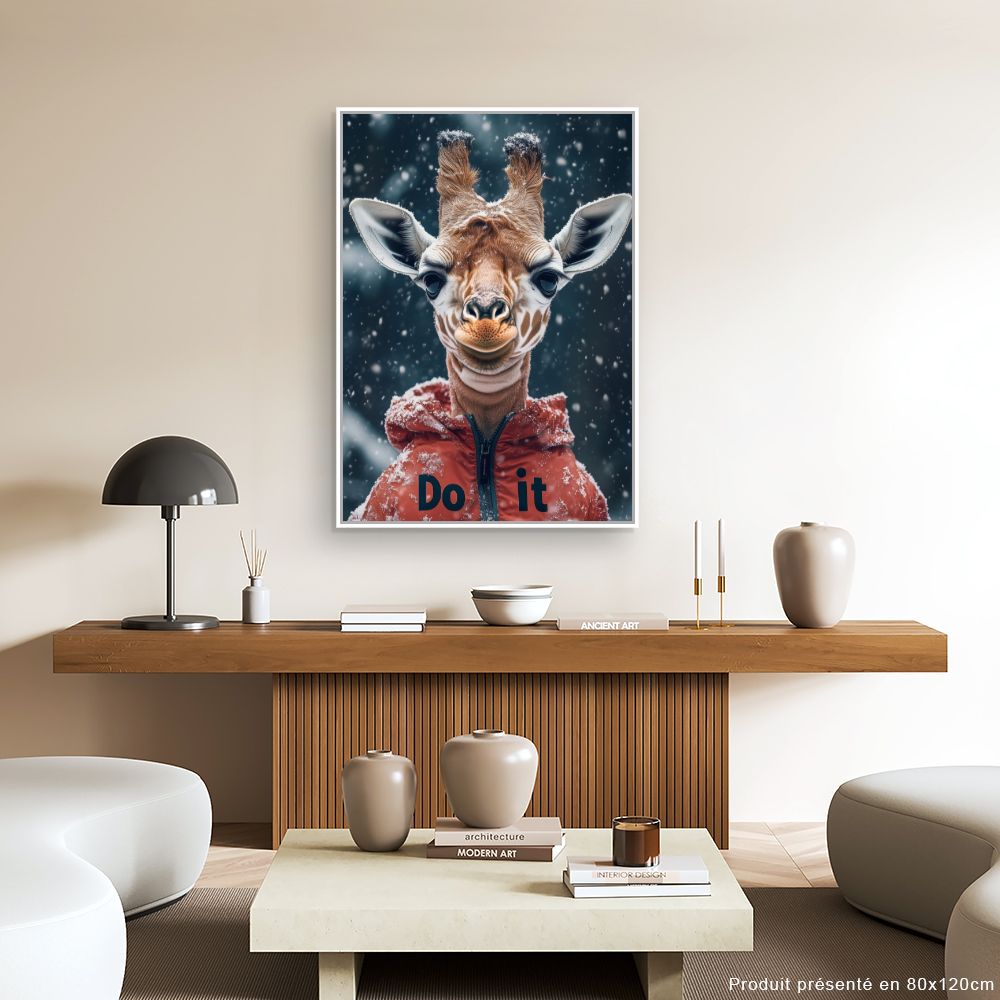 Toile "Girafe enneigée comique"