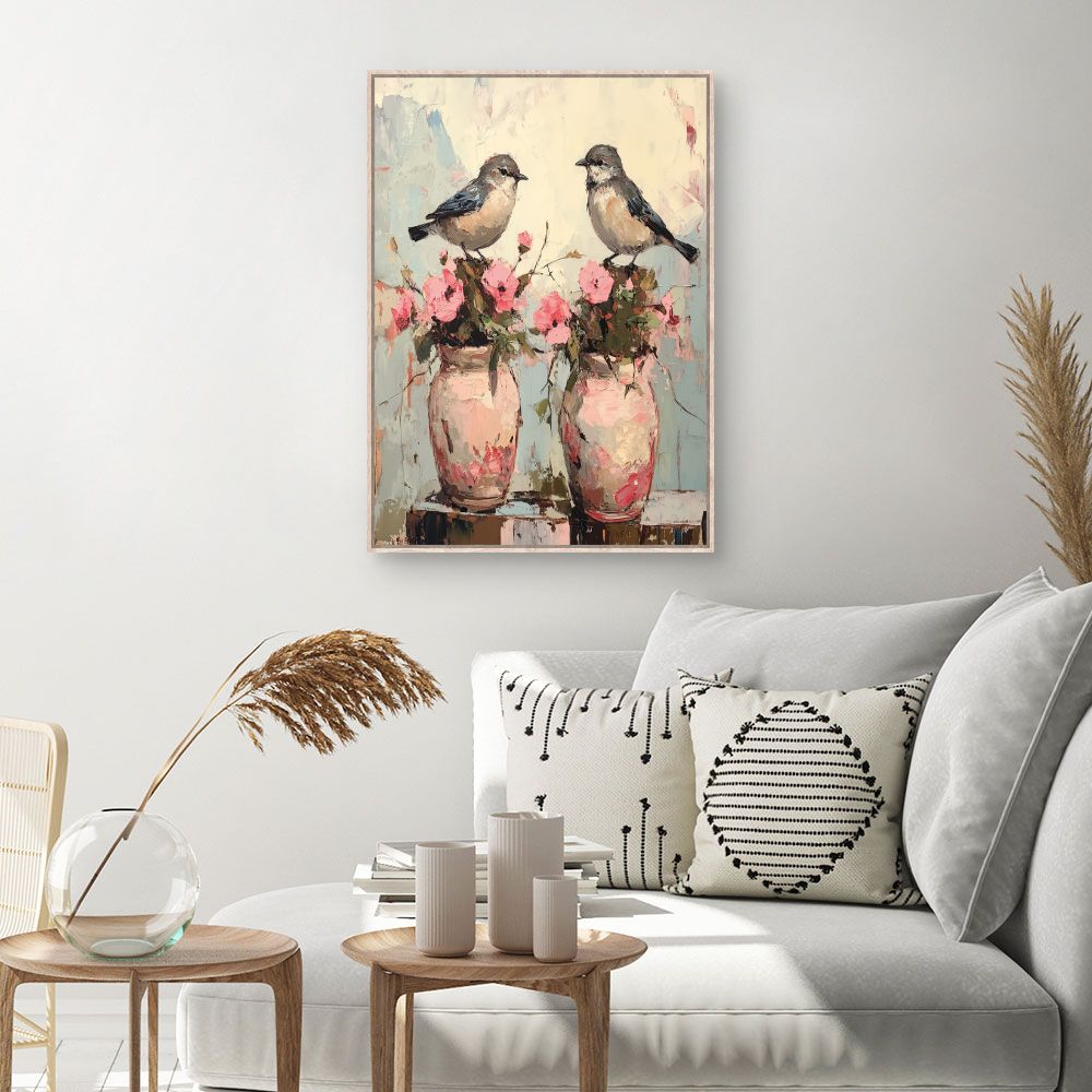 Toile Oiseaux et fleurs – toile cadre naturel (slide 1, 60×90)