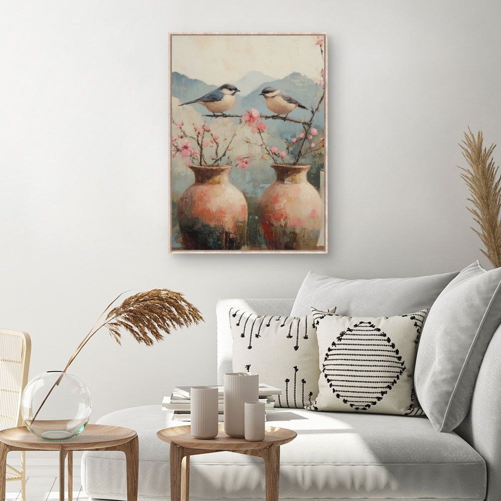 Toile Oiseaux et fleurs – toile cadre naturel (slide 1, 60×90)