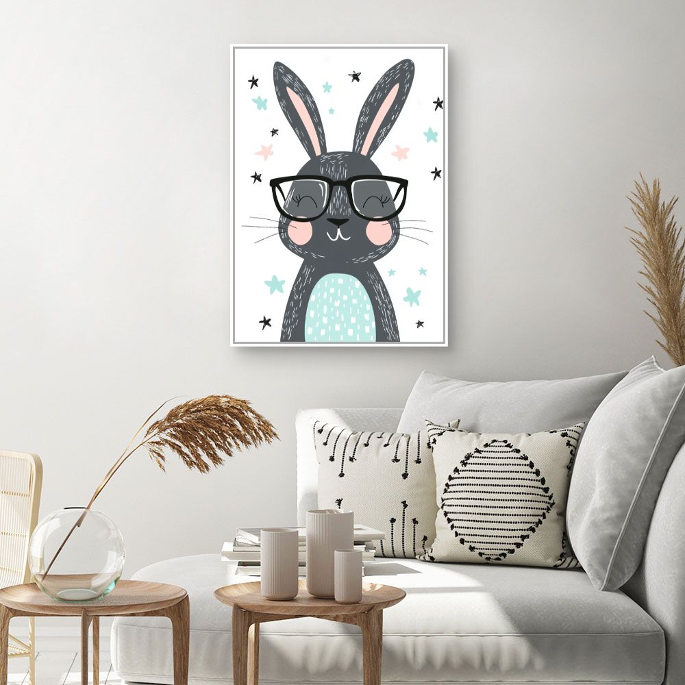Tableau imprimé pour enfants 'Lapin joyeux lunettes'