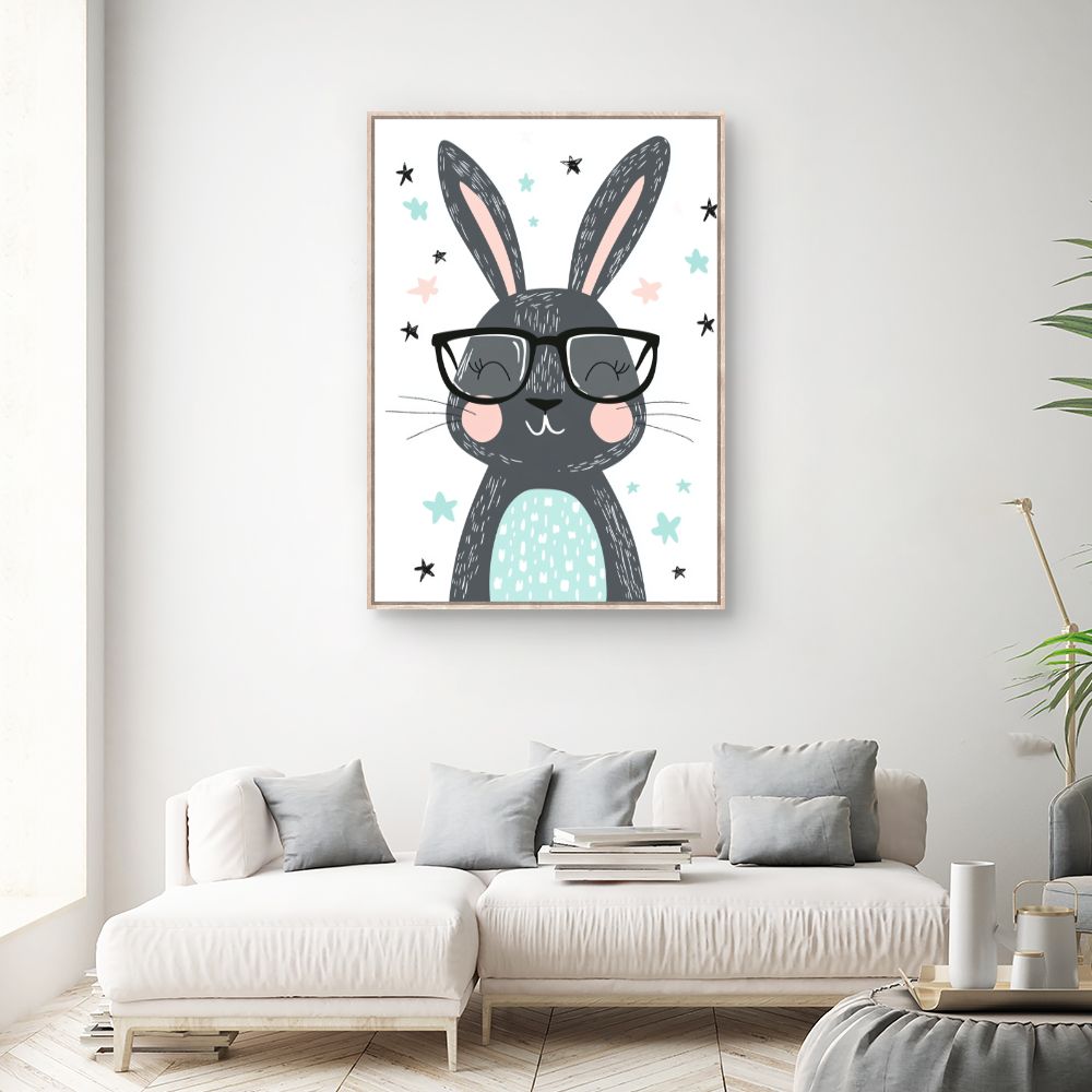 Tableau imprimé pour enfants 'Lapin joyeux lunettes'