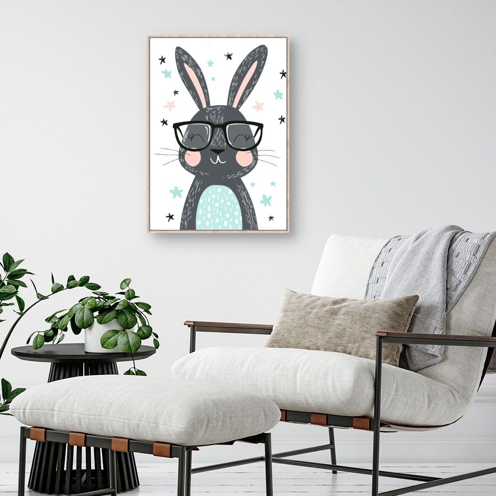 Tableau imprimé pour enfants 'Lapin joyeux lunettes'