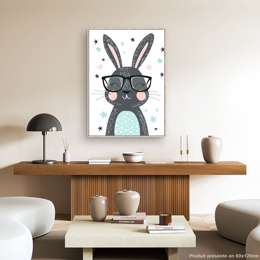 Tableau imprimé pour enfants 'Lapin joyeux lunettes'