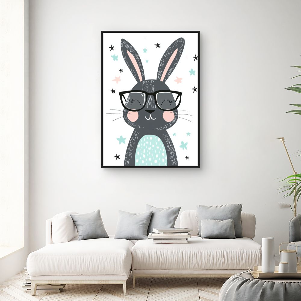 Tableau imprimé pour enfants 'Lapin joyeux lunettes'