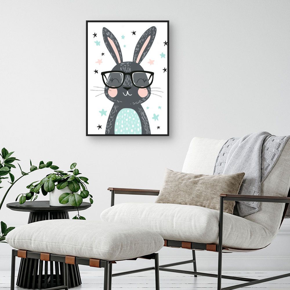 Tableau imprimé pour enfants 'Lapin joyeux lunettes'