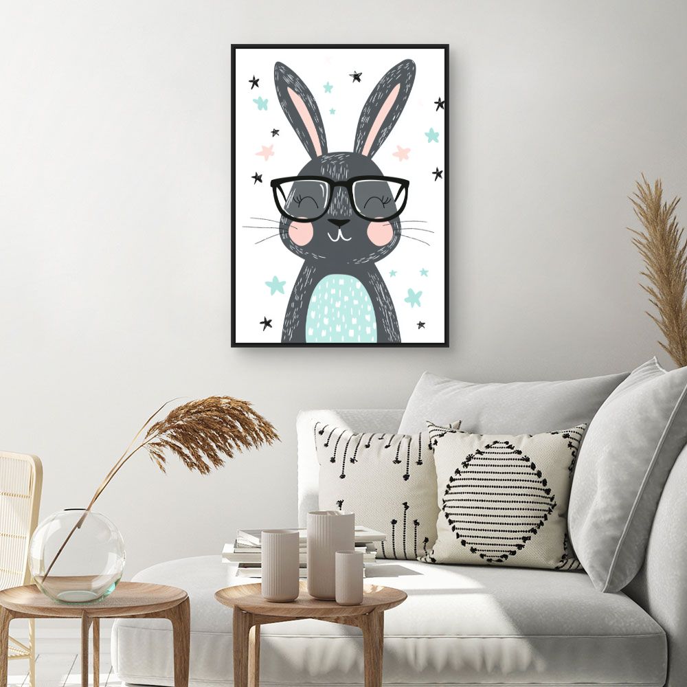 Tableau imprimé pour enfants 'Lapin joyeux lunettes'