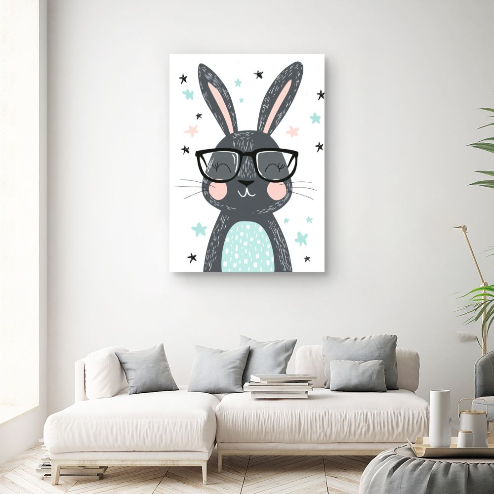 Tableau imprimé pour enfants 'Lapin joyeux lunettes'