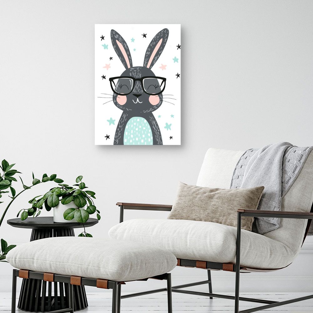 Tableau imprimé pour enfants 'Lapin joyeux lunettes'