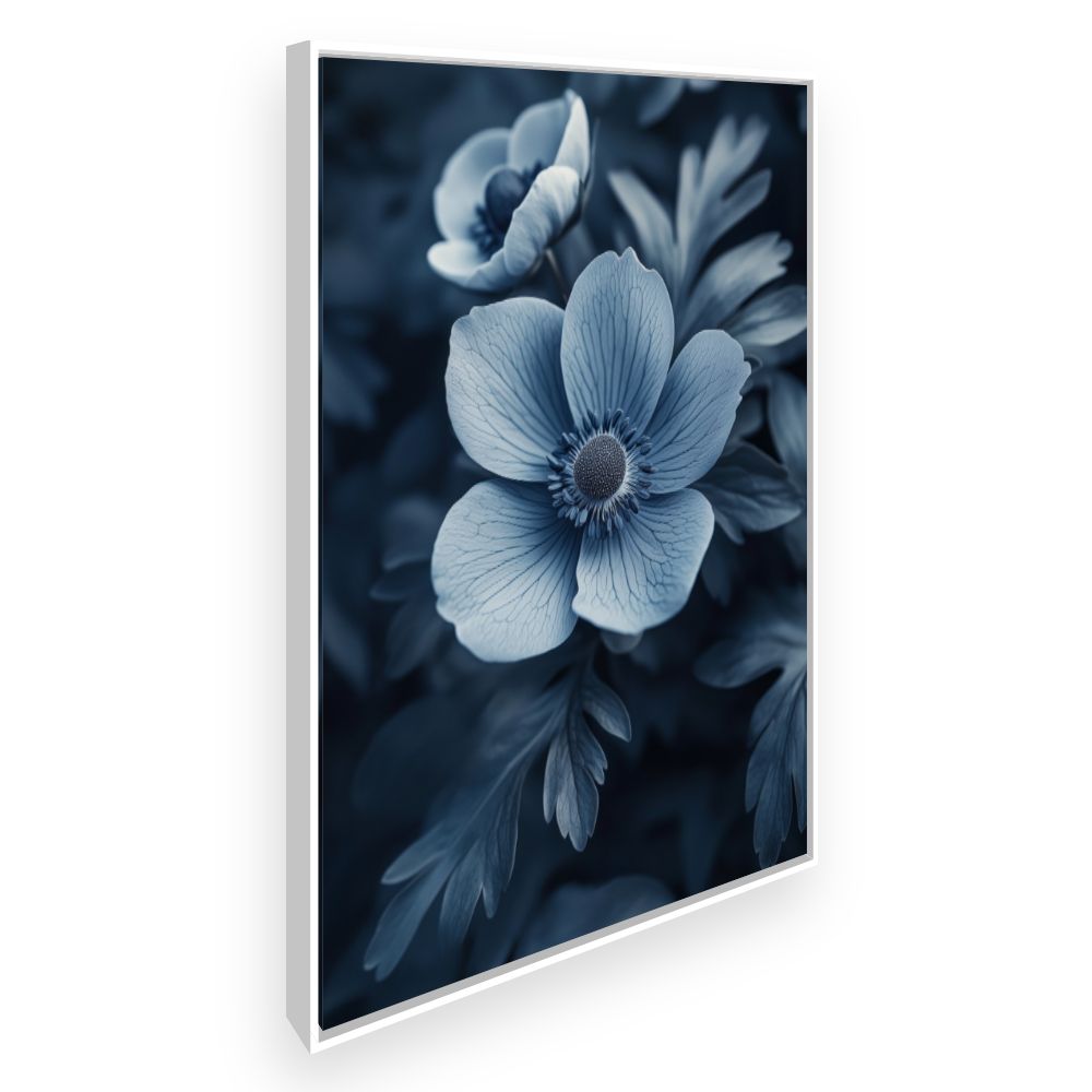 Toile Fleurs élégantes bleues – toile cadre blanc (slide 2)