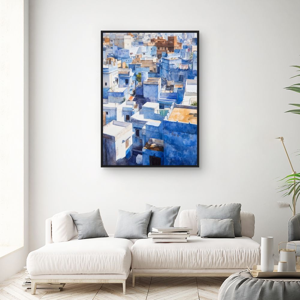 Toile "Toits bleus lumineux"