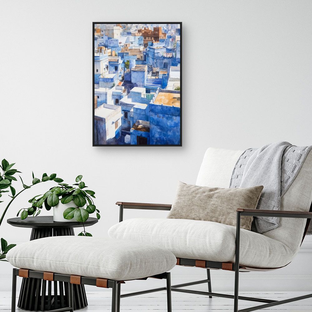 Toile "Toits bleus lumineux"