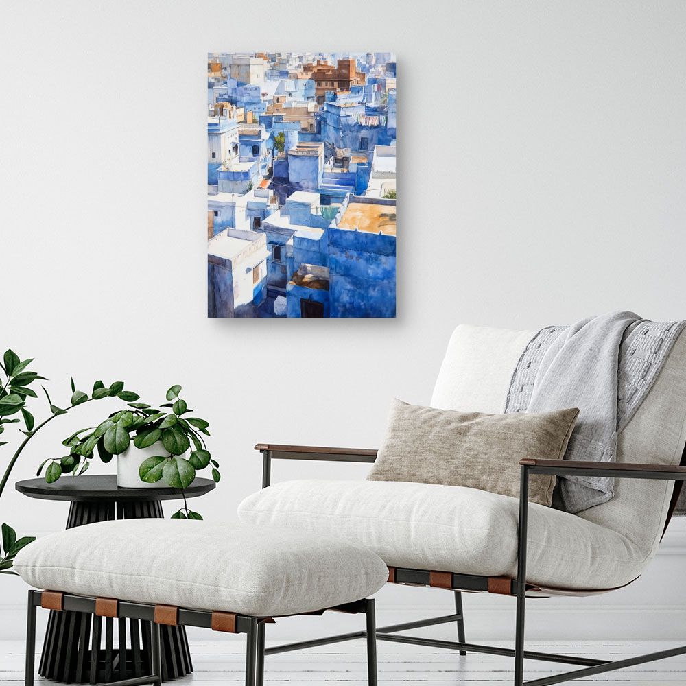 Toile "Toits bleus lumineux"