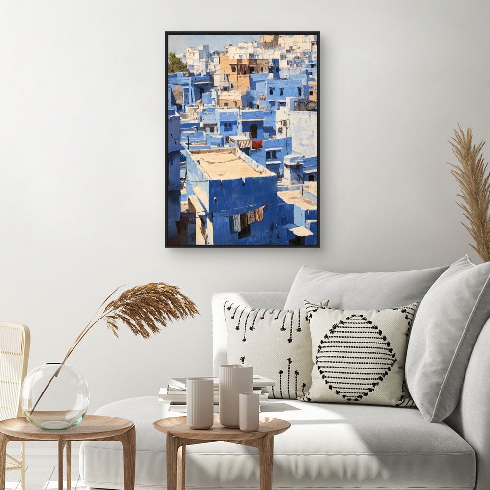 Toile "Maisons bleues pittoresques"