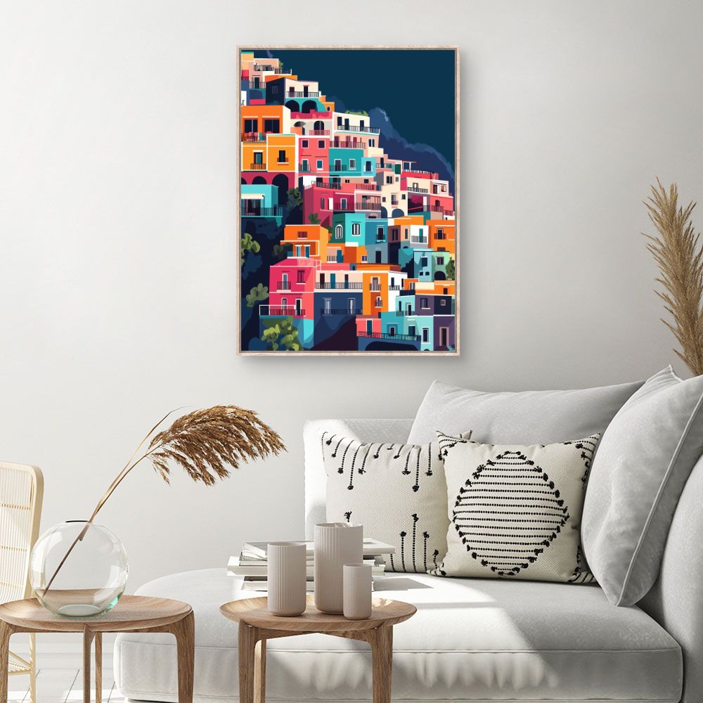 Toile Maisons colorées vibrantes – toile cadre naturel (slide 1, 60×90)