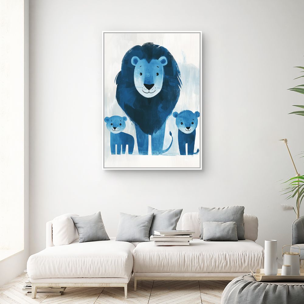 Tableau imprimé pour enfants 'Lions bleus joyeux'
