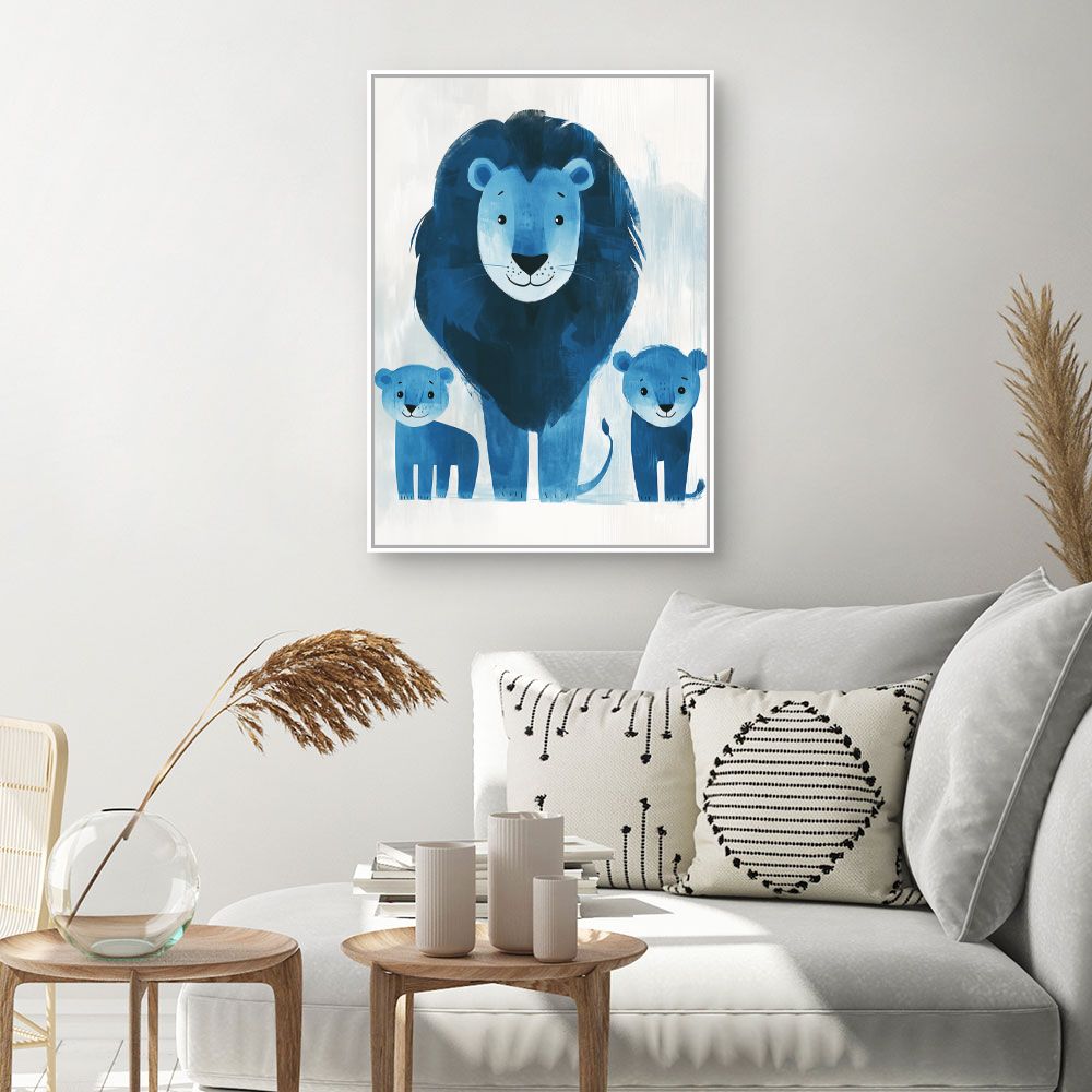 Tableau imprimé pour enfants 'Lions bleus joyeux'