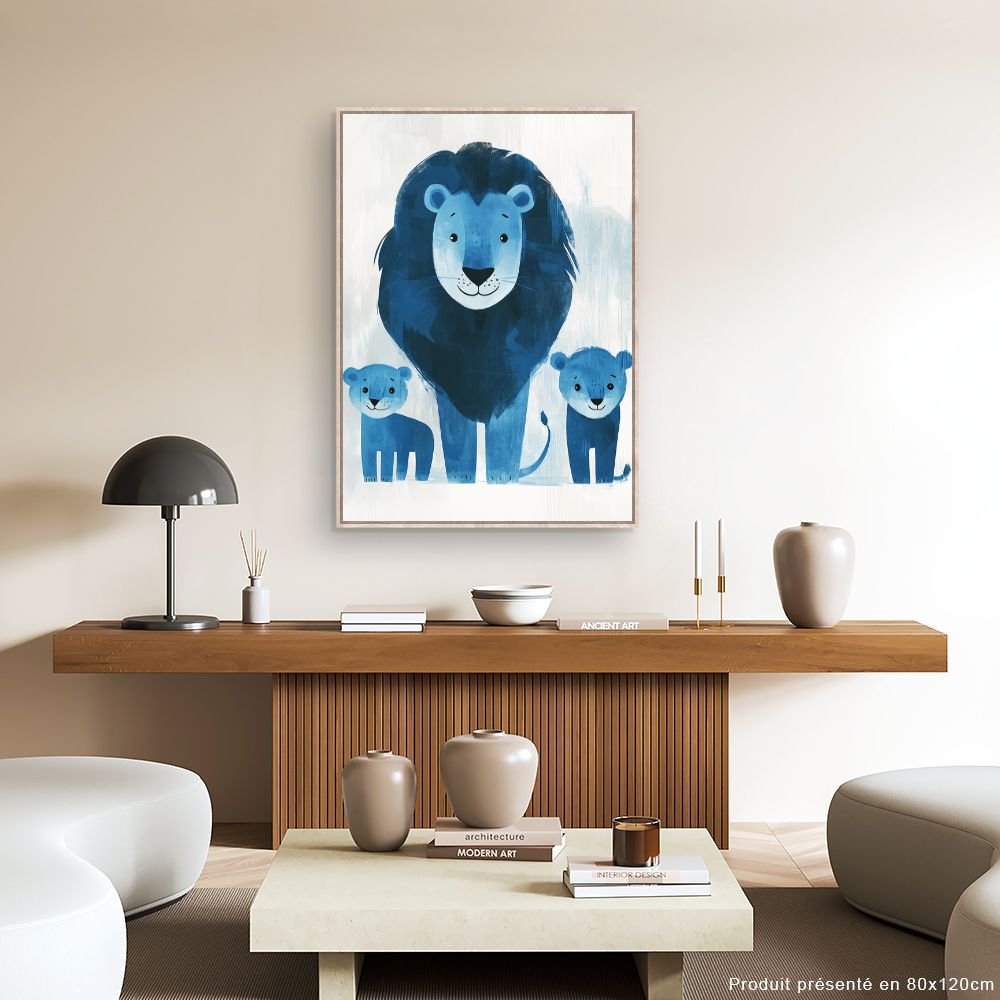 Tableau imprimé pour enfants 'Lions bleus joyeux'