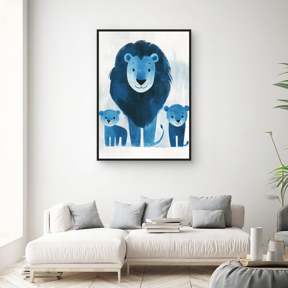 Tableau imprimé pour enfants 'Lions bleus joyeux'