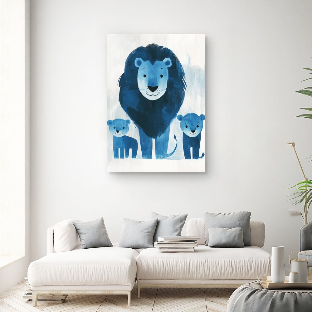 Tableau imprimé pour enfants 'Lions bleus joyeux'