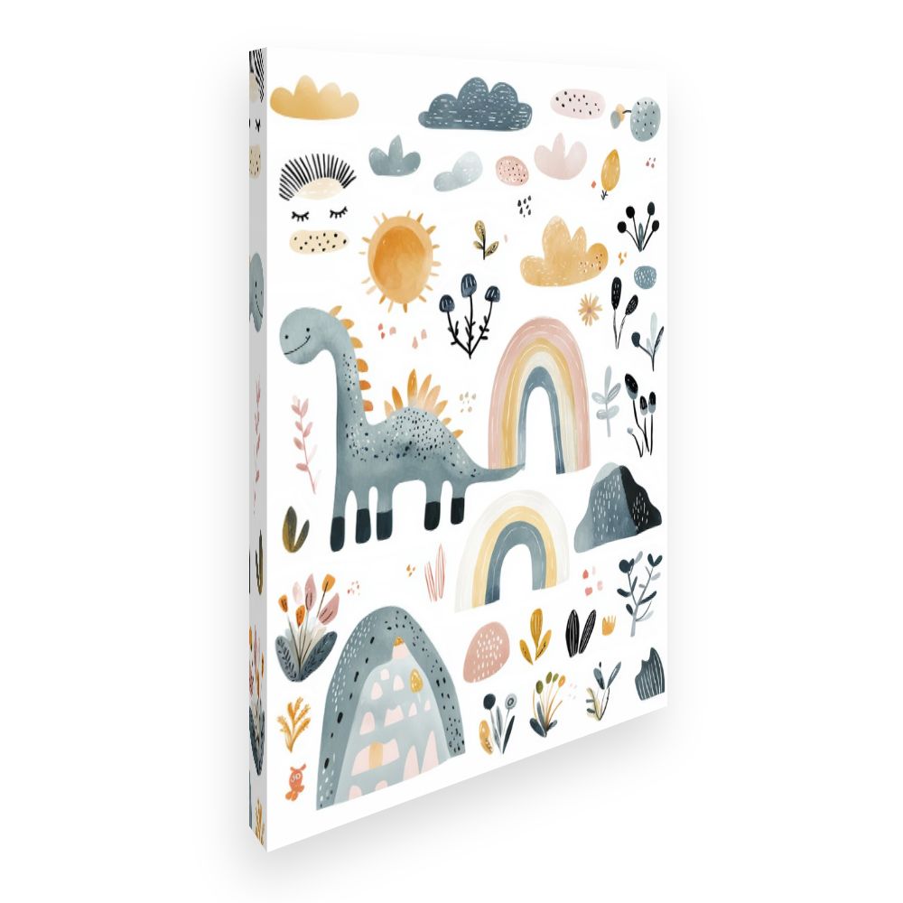 Tableau imprimé pour enfants 'Dino et arc-en-ciel'