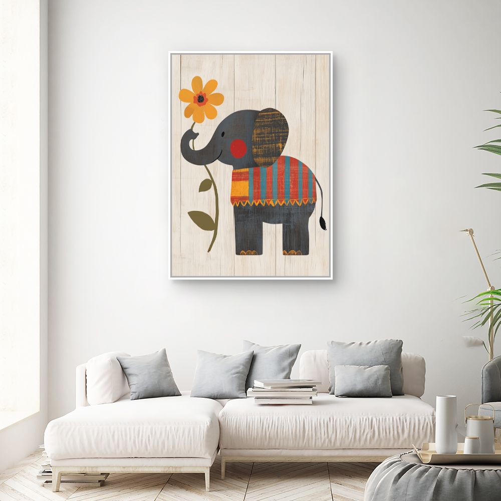 Tableau imprimé pour enfants 'Éléphant et fleur'