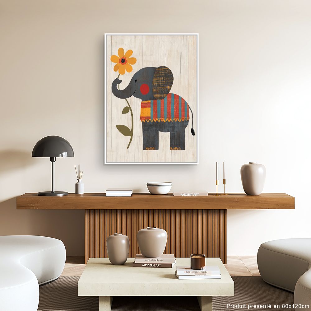 Tableau imprimé pour enfants 'Éléphant et fleur'