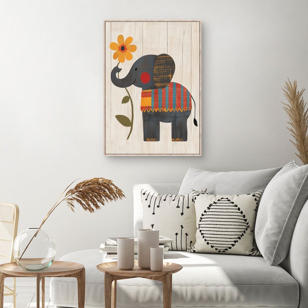 Tableau imprimé pour enfants 'Éléphant et fleur'