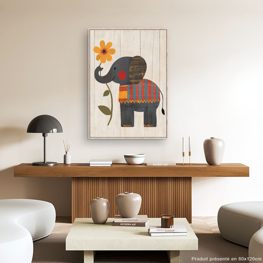 Tableau imprimé pour enfants 'Éléphant et fleur'
