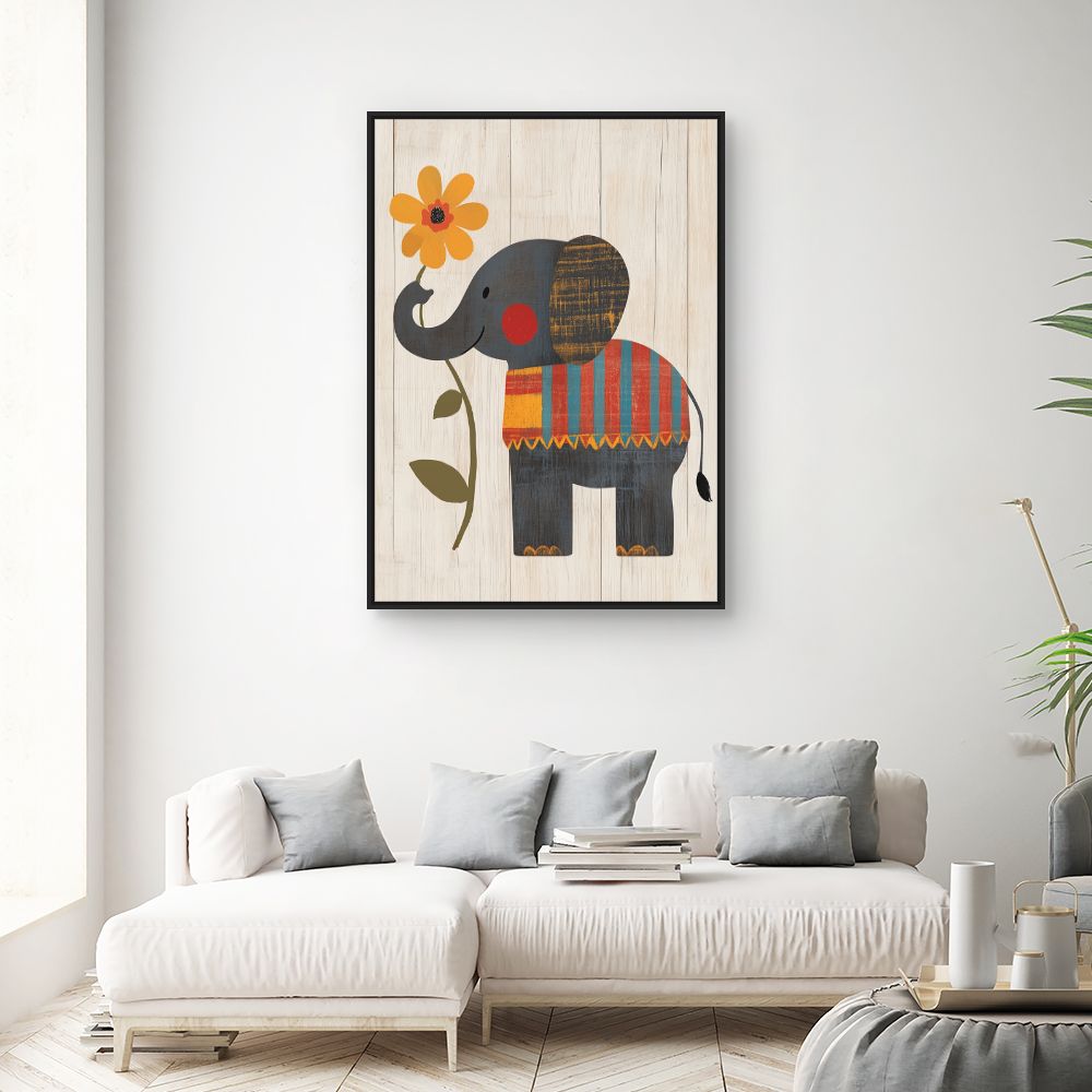 Tableau imprimé pour enfants 'Éléphant et fleur'