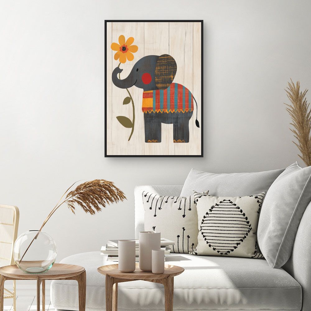 Tableau imprimé pour enfants 'Éléphant et fleur'
