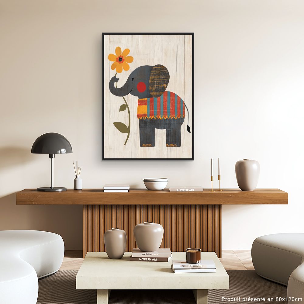 Tableau imprimé pour enfants 'Éléphant et fleur'