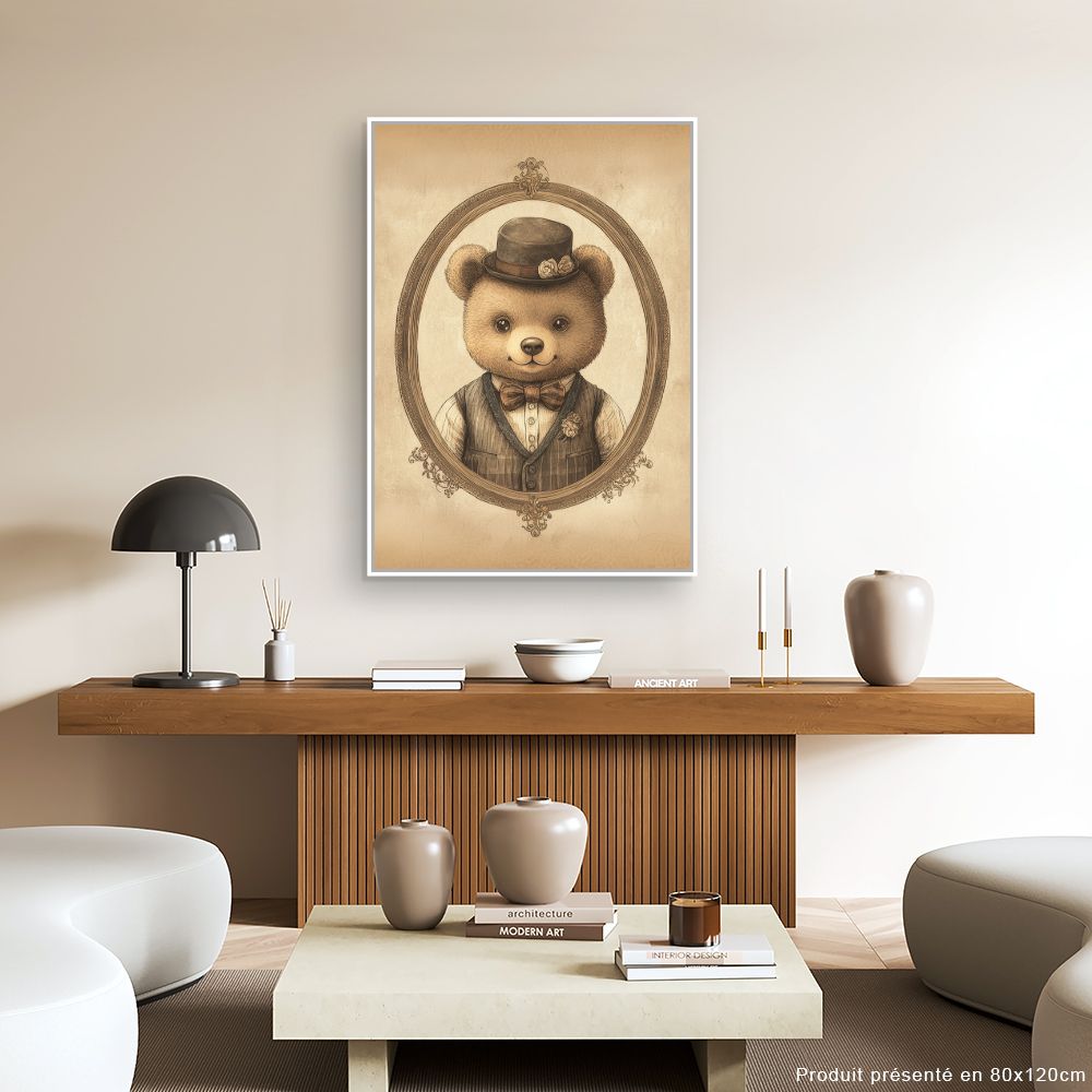 Tableau imprimé pour enfants 'Ourson élégant vintage'
