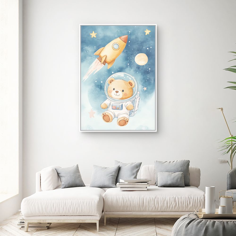 Tableau imprimé pour enfants 'Ourson cosmonaute rêveur'