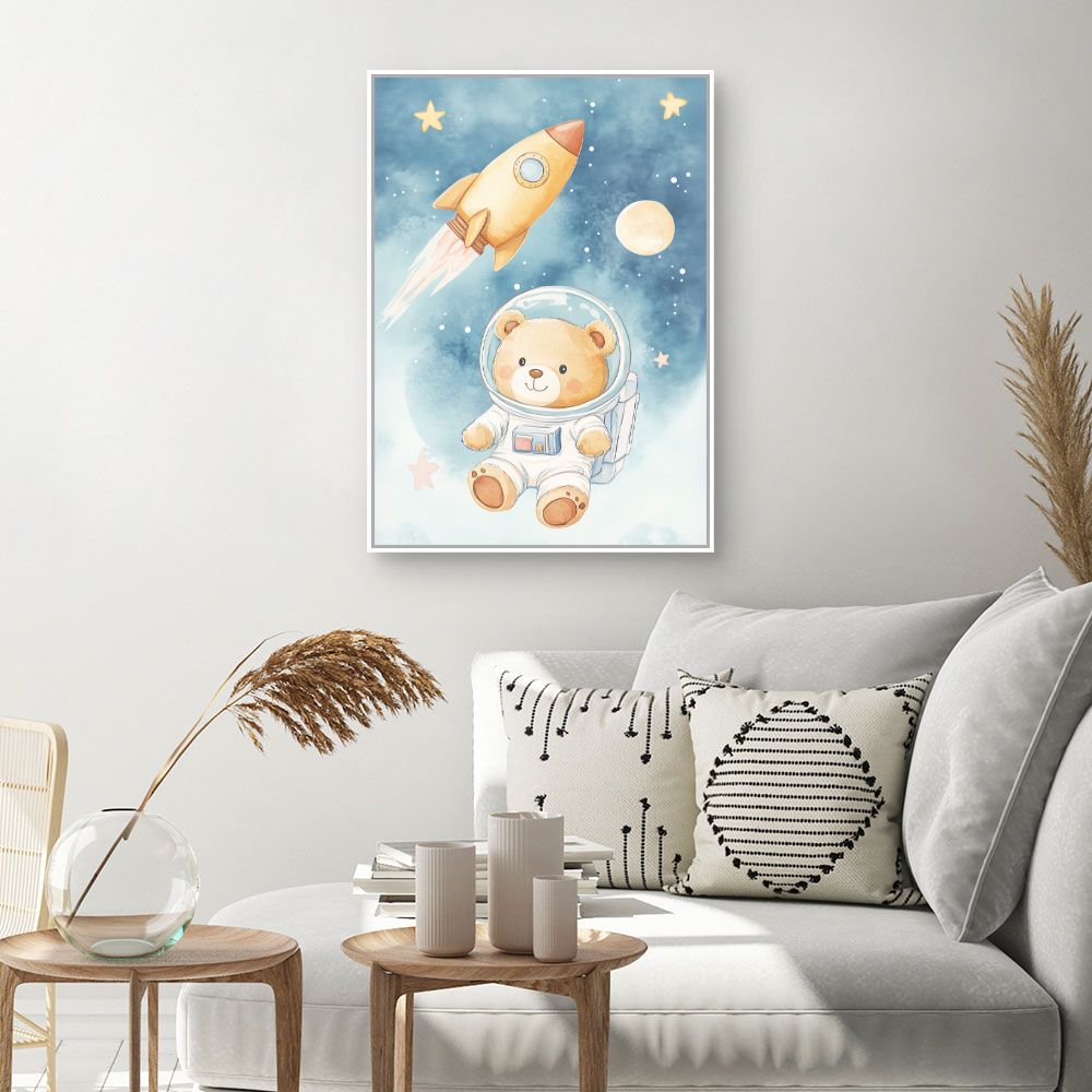 Tableau imprimé pour enfants 'Ourson cosmonaute rêveur'