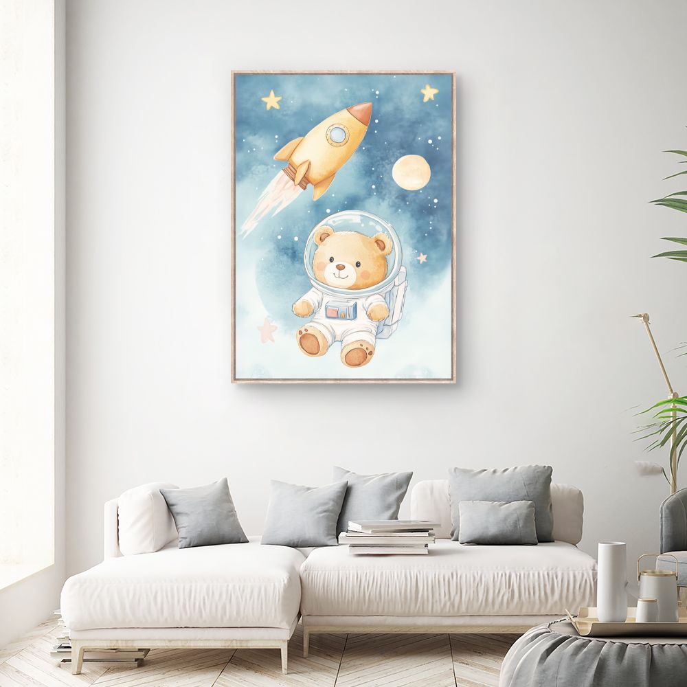 Tableau imprimé pour enfants 'Ourson cosmonaute rêveur'