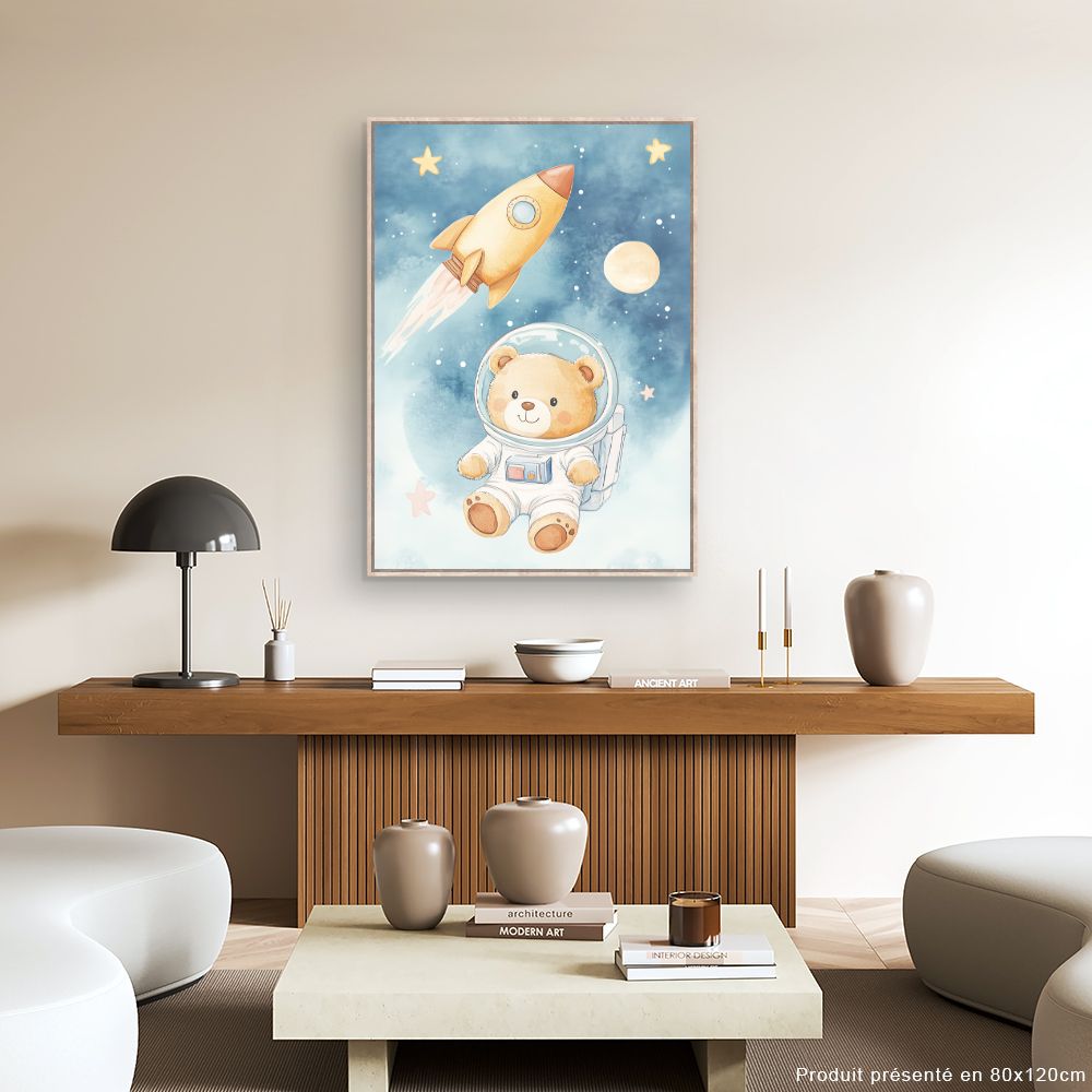 Tableau imprimé pour enfants 'Ourson cosmonaute rêveur'