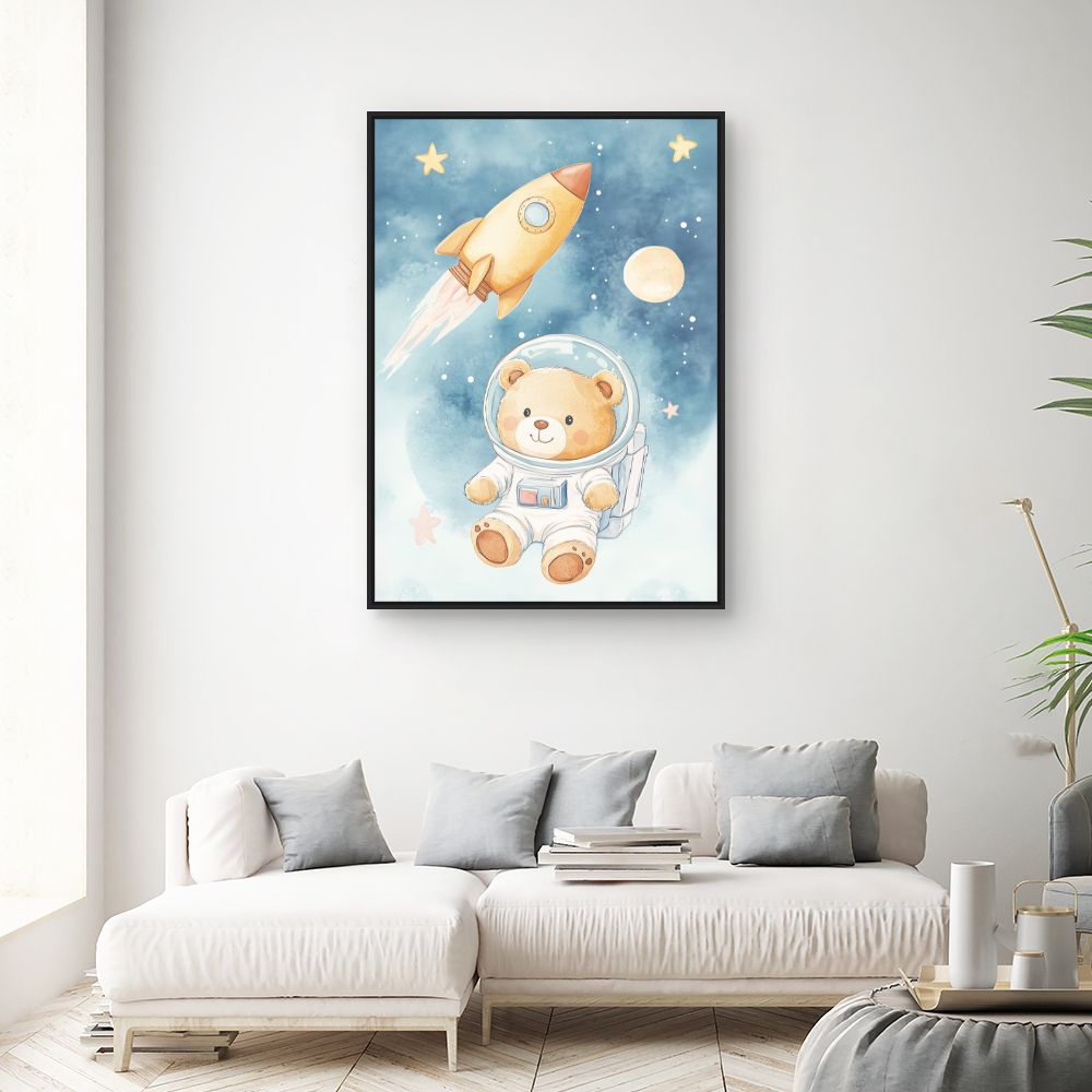Tableau imprimé pour enfants 'Ourson cosmonaute rêveur'
