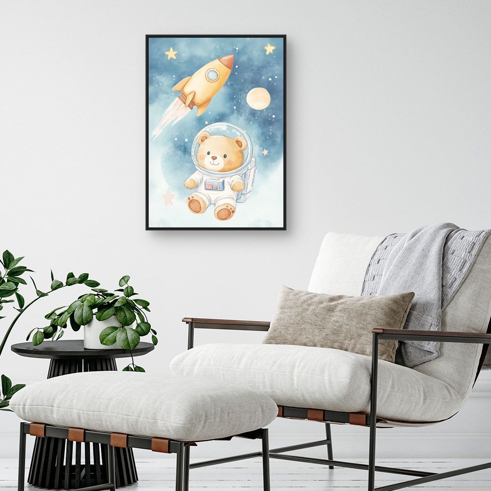 Tableau imprimé pour enfants 'Ourson cosmonaute rêveur'