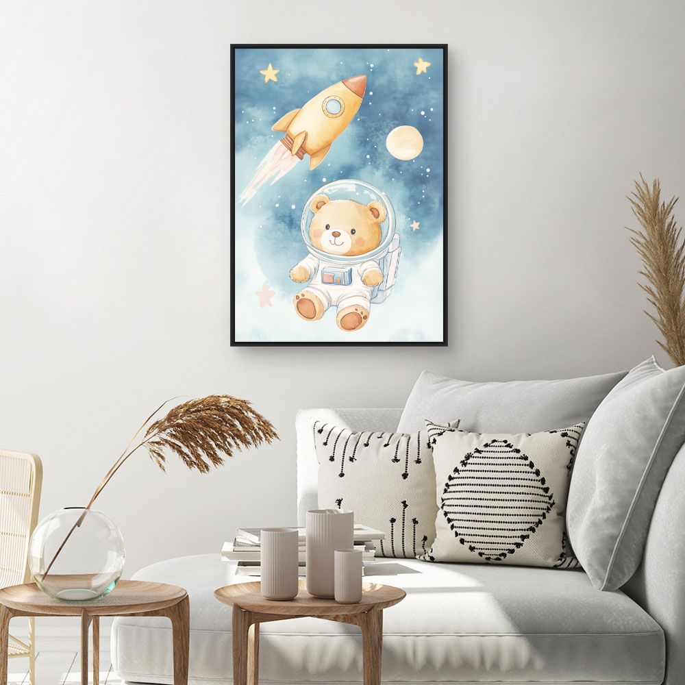 Tableau imprimé pour enfants 'Ourson cosmonaute rêveur'