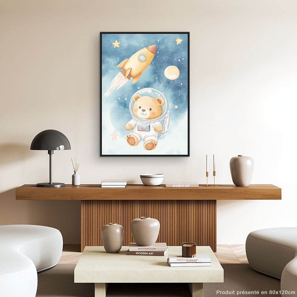 Tableau imprimé pour enfants 'Ourson cosmonaute rêveur'