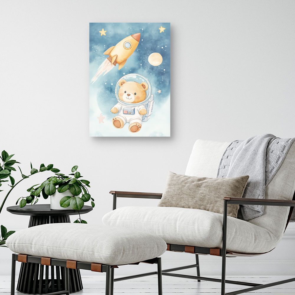 Tableau imprimé pour enfants 'Ourson cosmonaute rêveur'