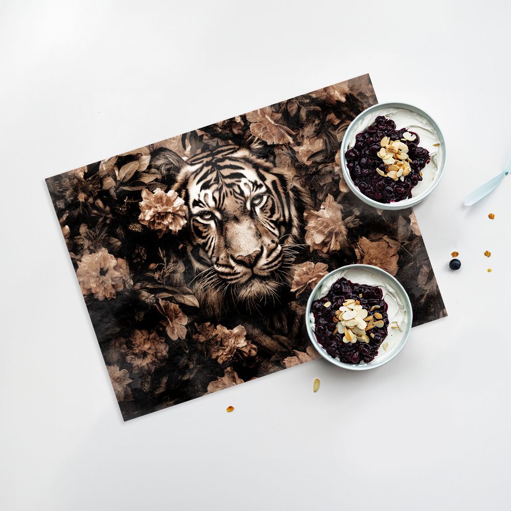 Lot de 4 sets de table en vinyle / Tigre parmi des fleurs