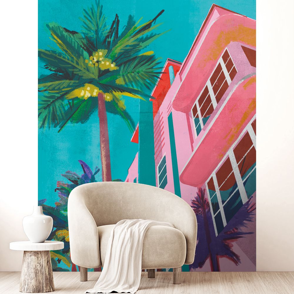 Papier peint "Édifice tropical coloré"